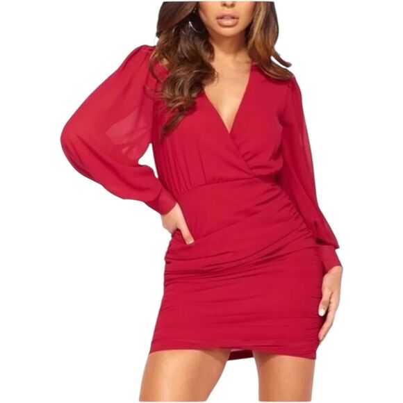New Parisian Sheer Puff Sleeve Ruched Mini Dress Red V Neck Bodycon Wrap sz 12 - Picture 1 of 10